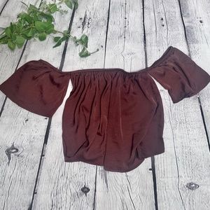 American Eagle Women's Cropped Top Off the Shoulder Brown Satin Flowy Size XS